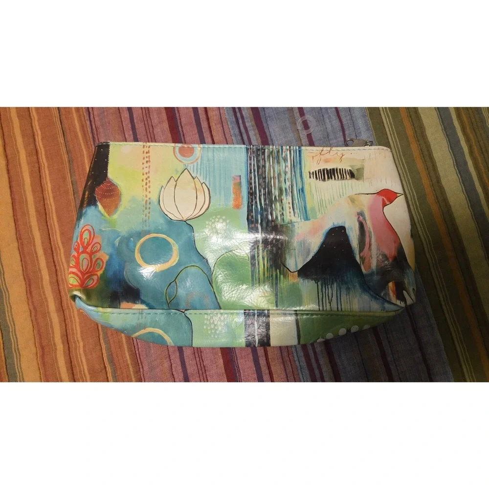 Papaya Art Small Accessory Pouch Mixed Media Floral Abstract Makeup Bag Teal